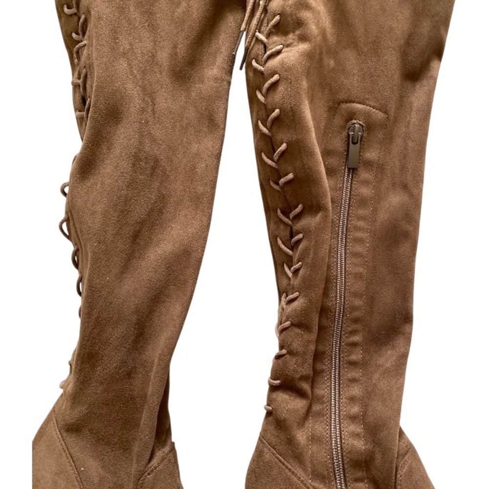 Fashion Nova Brown Suede Over The Knee Lace Up Boot Block Heel Zola Vonnie Boot - Picture 9 of 16